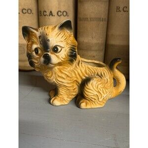 Vintage Japan Ceramic Cat Planter Brown Tabby Kitten Succulent Holder 1950s